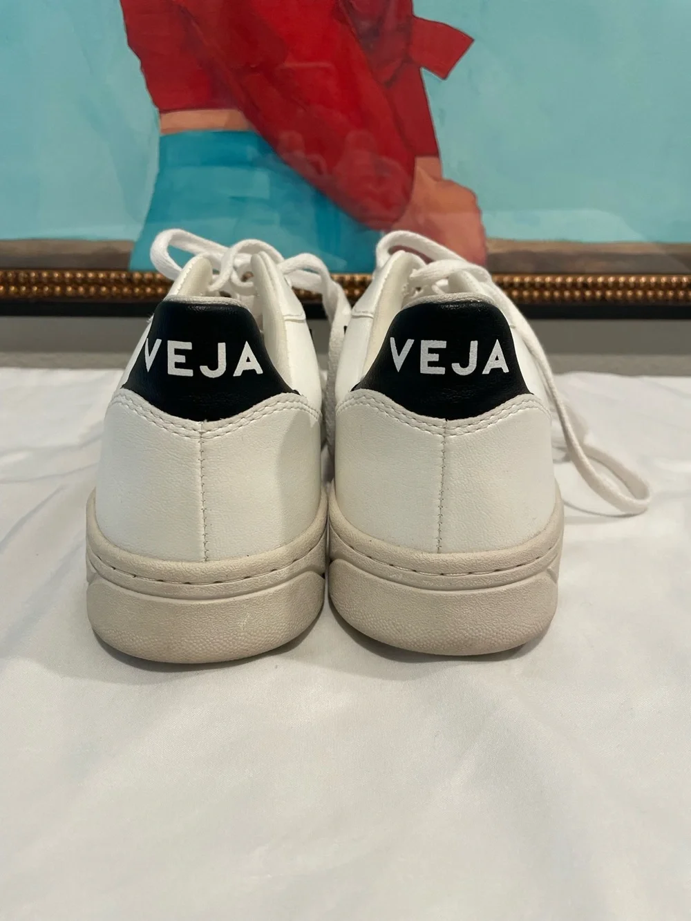 Veja White Leather Sneakers with Black V Accents Women’s Size 8